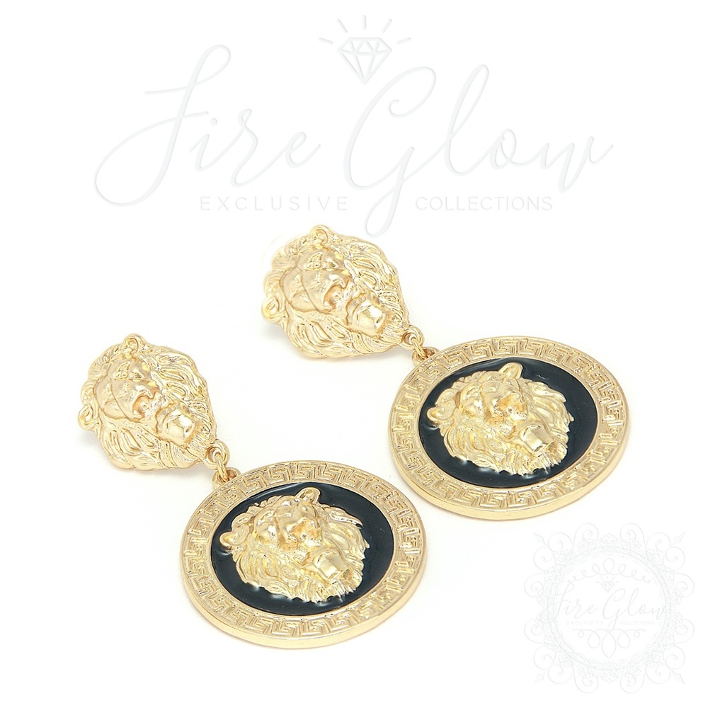 Black and Gold Tone Framed Lion Earrings - Picture 7 of 9